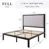 Full size Black Metal Platform Bed Frame with Grey Linen Upholstered Headboard