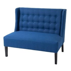 Scandinavian 2 Seater Button Tufted Loveseat Wooden Legs Blue Linen