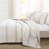 King Size Beige White 3 Piece Stripe Reversible Cotton Quilt Set