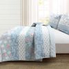 Full/Queen Blue Pink White Beige Floral Cottage Lightweight 3-Piece Quilt Set