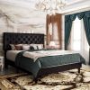 King Black Faux Leather Upholstered Platform Bed with Button-Tufted Headboard