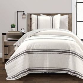 Twin/Twin XL Black Off-White Cream Stripe Reversible Cotton 2 Piece Quilt Set