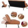 Brown Modern Faux Leather Cup Holders Convertible Sofa Bed Futon Sleeper