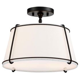 2-Light Round 15-inch White Drum Ceiling Light w/ Black Metal - Semi-Flush Mount