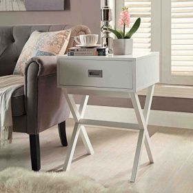 White Modern 1-Drawer End Table Nightstand with X-Legs