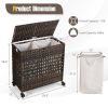 Brown PE Wicker Rattan 2 Section Rolling Laundry Hamper with Removeable Bags