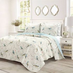 King Size Reversible Polyester Lightweight Floral Birds 3 Piece Quilt Set