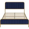 Full Gold Metal Platform Bed Frame with Navy Blue Velvet Upholstered Headboard