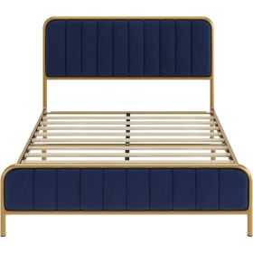 Full Gold Metal Platform Bed Frame with Navy Blue Velvet Upholstered Headboard