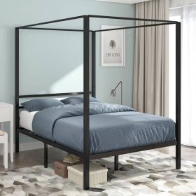 Full size Modern Four Poster Metal Canopy Bed in Black Finish