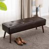 Mid-Century Bed Bench with Dark Brown Leather Upholstered Seat Solid Wood Legs