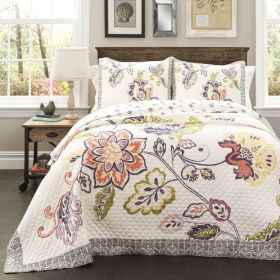 Full/Queen 3 Piece Floral Boho Cotton Off-White Navy Pastel Quilt Set