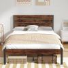 Full size Modern Farmhouse Metal Platform Bed Frame with Brown Wood Headboard