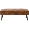 Mid-Century End of Bed Bench with Brown Leather Upholstered Seat Solid Wood Legs