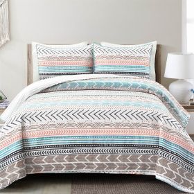 Full/Queen Scandinavian Chevron Teal White Orange Reversible Cotton Quilt Set