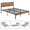 Full Industrial Platform Bed Frame with Brown Wood Slatted Headboard Footboard