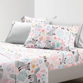 Full size Pink Grey White Teal Floral Fox Birds Soft Polyester 6 Piece Sheet Set