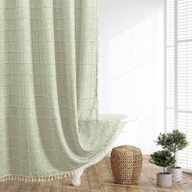 72-inch Farmhouse Green Cotton Linen Blend Shower Curtain with Boho Tassels