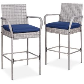 Set of 2 Grey Indoor/Outdoor Wicker Bar Stools w/ 2 Blue Cushions