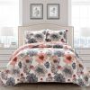 King size Coral Grey Flowers Lightweight Polyester Microfiber Quilt Set