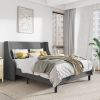 King Size Upholstered Linen Blend Headboard Wingback Platform Bed in Grey