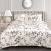 King size 3 Piece White Yellow Grey Reversible Floral Birds Cotton Quilt Set