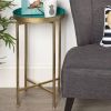 Gold Finish Metal Round End Table Nightstand with Removable Teal Tray Top