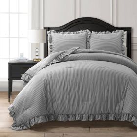 Full/Queen Grey White Stripe Ruffle Reversible 3 Piece Comforter Set