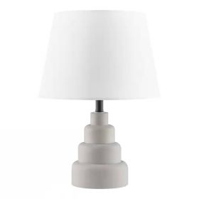 Small Grey Desk Light Table Lamp with White Fabric Shade for Bedside Nightstand