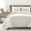 King size Lightweight Fern Leaf Reversible 3-PC White Beige Cotton Quilt Set