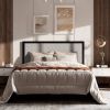 King Black Metal Platform Bed Frame with Tall Grey Linen Upholstered Headboard