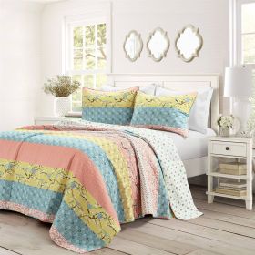 King size Blue Yellow Pink Ivory Boho Floral Reversible Lightweight Quilt Set