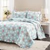 King size Vintage Rose Ruffle Edge Light Quilt Set in Blue White and Pink