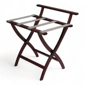 Solid Wood High Back Folding Luggage Rack with Grey Straps in Dark Brown Finish