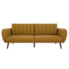 Mustard Linen Upholstered Futon Sofa Bed with Mid-Century Style Wooden Legs