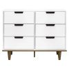 Modern Mid-Century Style 6-Drawer Double Dresser in White Walnut Wood Finish