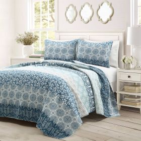 Full/Queen Lightweight 3 Piece Reversible Botanical Blue Damask Quilt Set