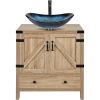 Farmhouse Wood Finish Bathroom Vanity w/ Blue Glass Sink Black Faucet and Drain