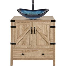 Farmhouse Wood Finish Bathroom Vanity w/ Blue Glass Sink Black Faucet and Drain