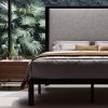 Queen Black Metal Platform Bed Frame with Tall Grey Linen Upholstered Headboard