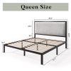 Queen Black Metal Platform Bed Frame with Tall Grey Linen Upholstered Headboard