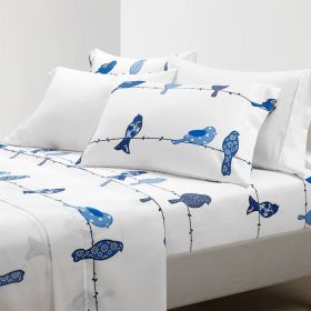 Queen size Blue White Floral Birds on Wire Soft Polyester 6 Piece Sheet Set