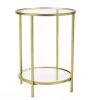 Round Accent Side Table Gold Metal Glass Top Bottom Shelf End Table