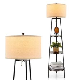 Modern Floor Lamp 3-Tier Bookcase Shelf with Round Drum Linen Lampshade