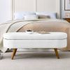 Mid-Century Modern Boho Style White Linen End of Bed Storage Bench