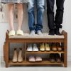 Solid Wood Entryway Shoe Rack Storage Bench with Cushioned Seat 2 Shelves and Drawer