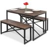 Modern 3-Piece Dining Set with Wood Top Metal Frame Table and 2 Bench Chairs