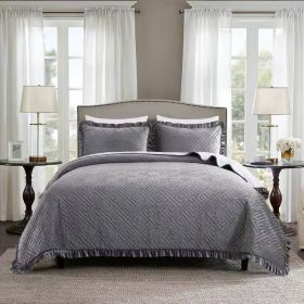 Twin Gray Charcoal Velvet Microfiber Polyester Reversible 2-Piece Quilt Set