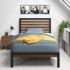 Twin Student Dorm Black Metal Platform Bed Frame with Brown Wood Slat Headboard