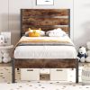 Twin size Modern Farmhouse Metal Platform Bed Frame with Brown Wood Headboard